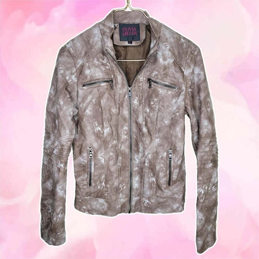 Olivia Miller Distressed Brown Faux Leather Biker Jacket